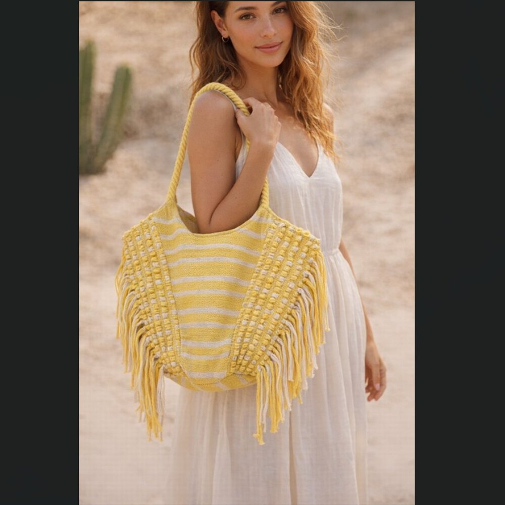 Canvas Rope Yellow and White Stripped Fringe Boho Tote